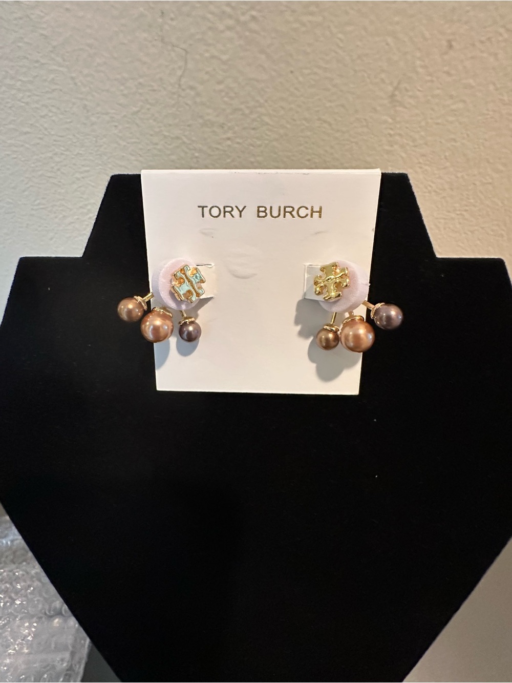 Tory Burch Gold Studs with Brown and gray pearl clusters